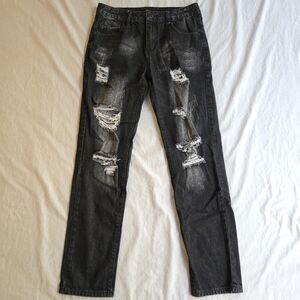 Men's Streetwear Distressed Black Jeans 30W x 30L Slim Straight Leg